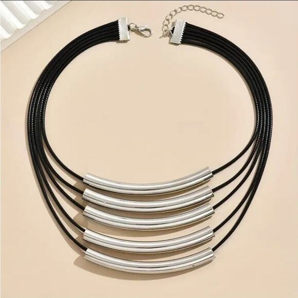 Multilayer Silver Tube Statement Necklace - Picture 4 of 6